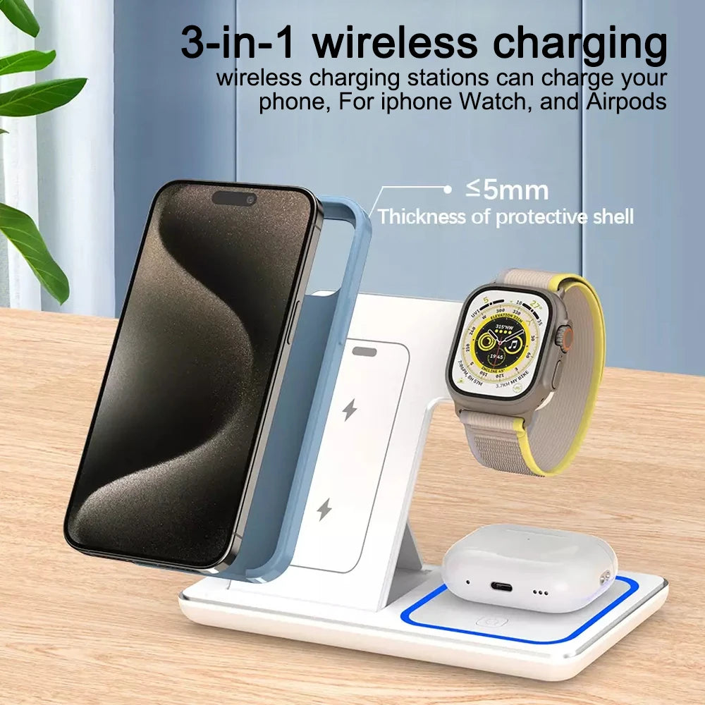 30W LED Wireless Charger 3 in 1 Foldable Charging Station For iPhone 16 15 14 13 12 For IWatch 9 8 7 6 5 4 For Airpods Pro