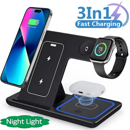 30W LED Wireless Charger 3 in 1 Foldable Charging Station For iPhone 16 15 14 13 12 For IWatch 9 8 7 6 5 4 For Airpods Pro