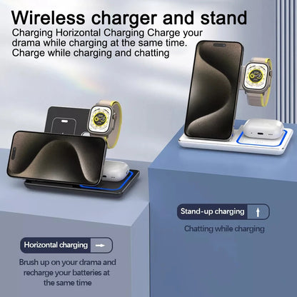 30W LED Wireless Charger 3 in 1 Foldable Charging Station For iPhone 16 15 14 13 12 For IWatch 9 8 7 6 5 4 For Airpods Pro