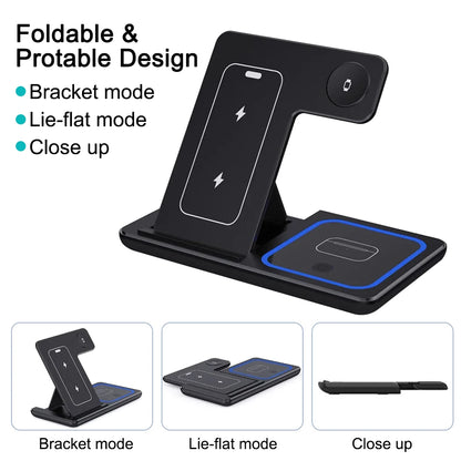 30W LED Wireless Charger 3 in 1 Foldable Charging Station For iPhone 16 15 14 13 12 For IWatch 9 8 7 6 5 4 For Airpods Pro