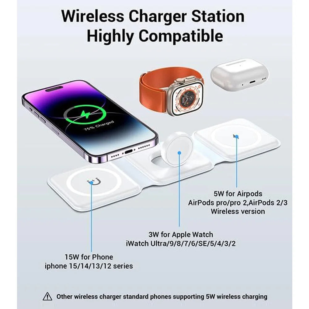 3 in 1  Foldable Wireless Charger for Multiple Apple Devices Charging,for iPhone 15/14/13/12/11,AirPods 3/2/Pro,iWatch