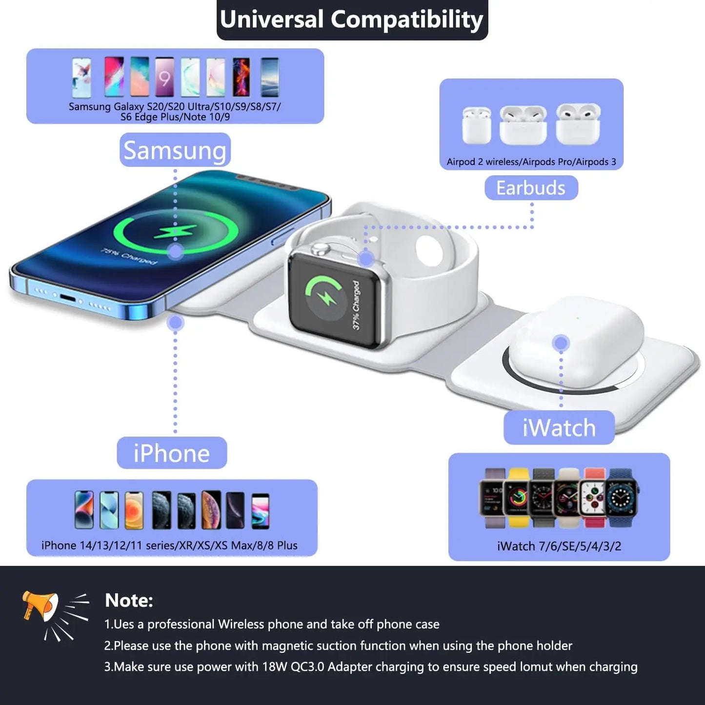 3 in 1  Foldable Wireless Charger for Multiple Apple Devices Charging,for iPhone 15/14/13/12/11,AirPods 3/2/Pro,iWatch