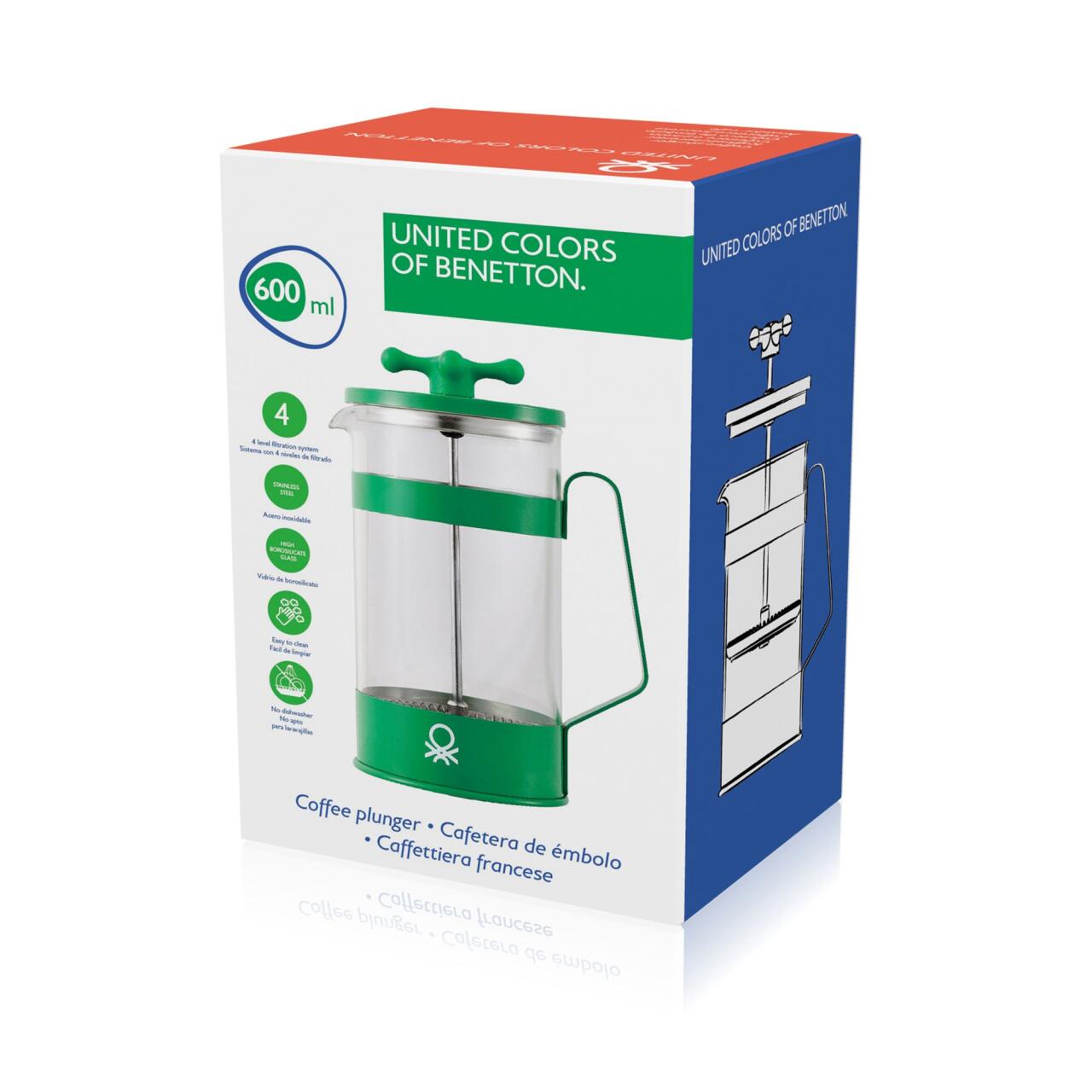 Cafetera de Émbolo 600ml para 6 Tazas - Colección Rainbow Benetton Verde o Rojo