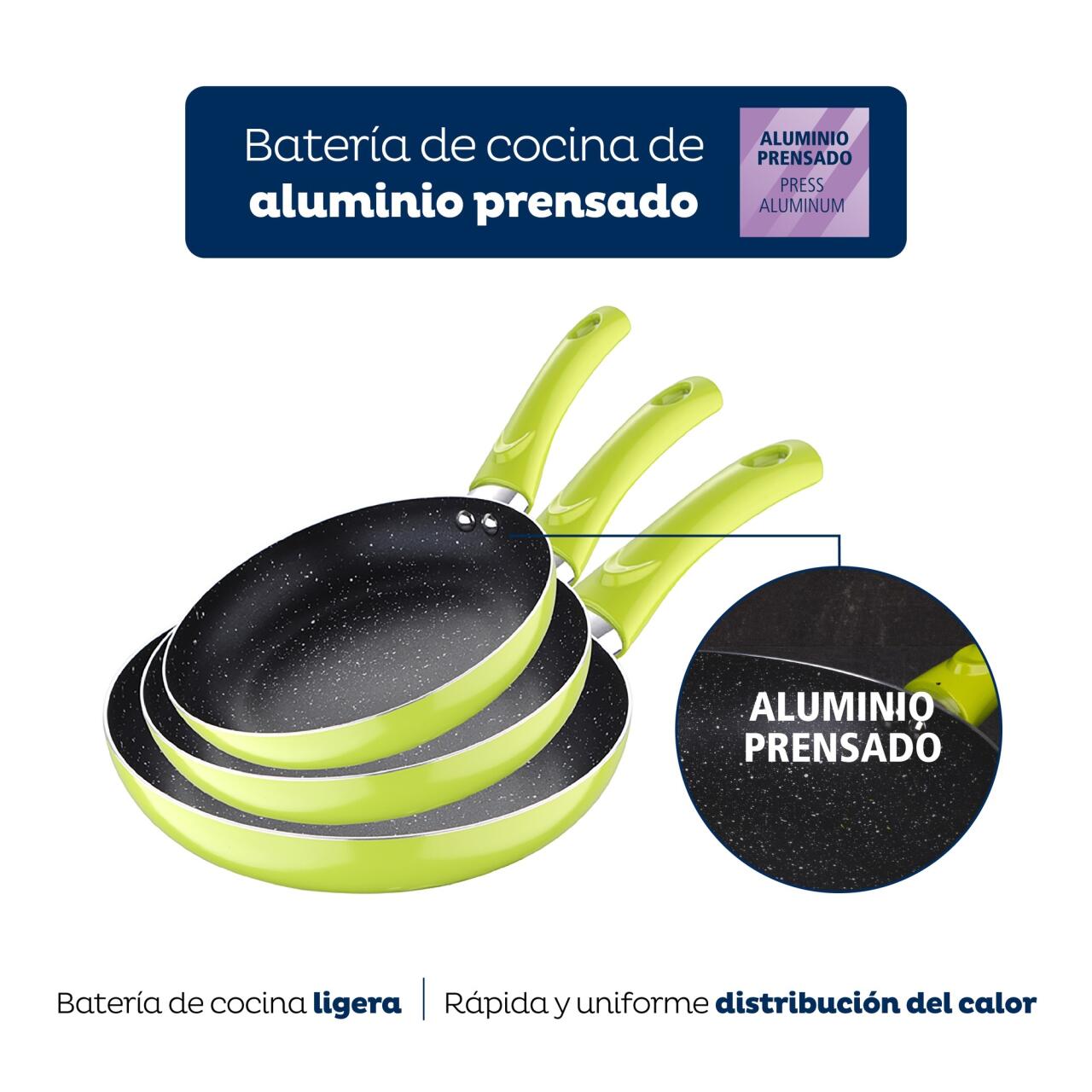 Set de 3 Sartenes San Ignacio Molen Ø20/24/28 cm - Aluminio Prensado, Antiadherente, Verde