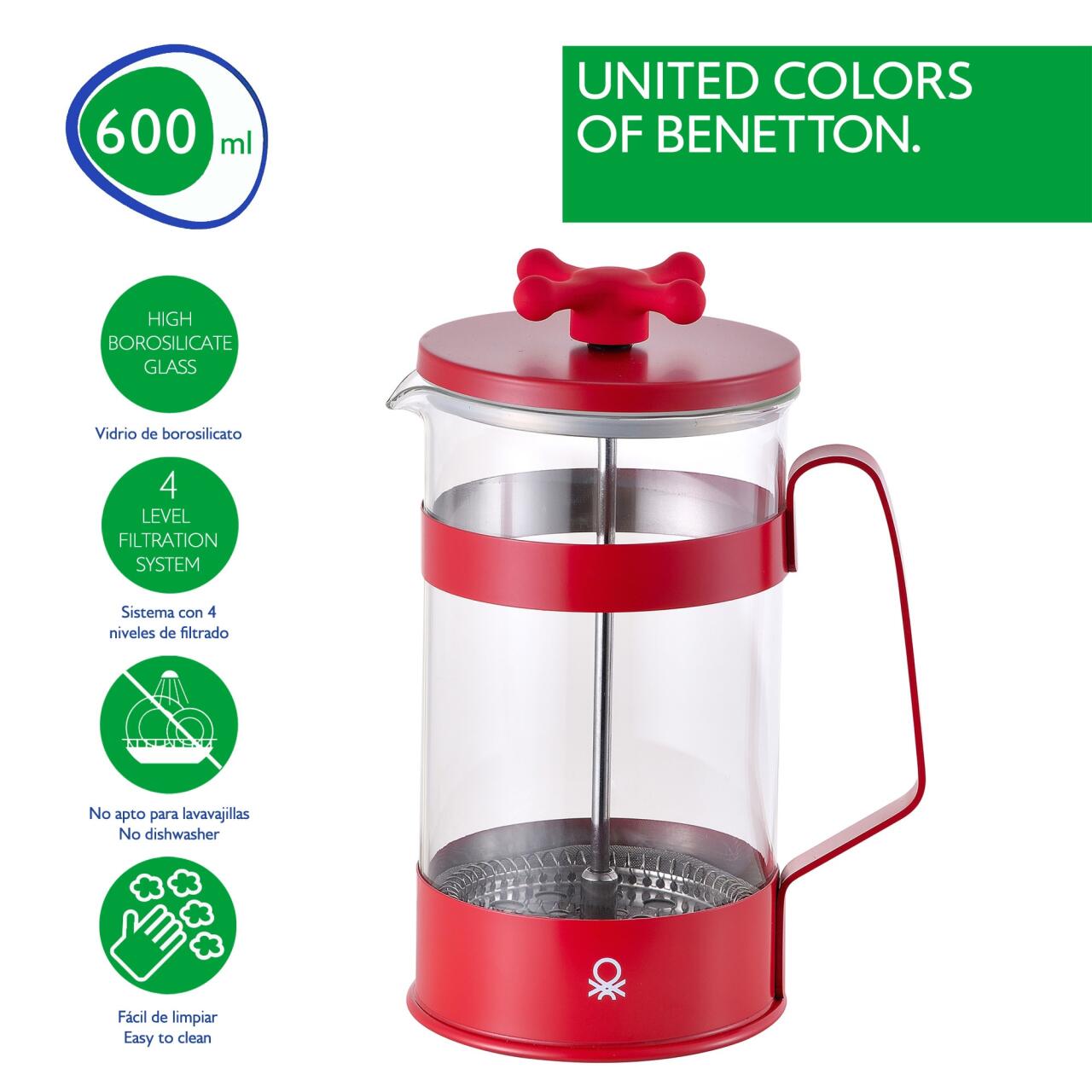 Cafetera de Émbolo 600ml para 6 Tazas - Colección Rainbow Benetton Verde o Rojo