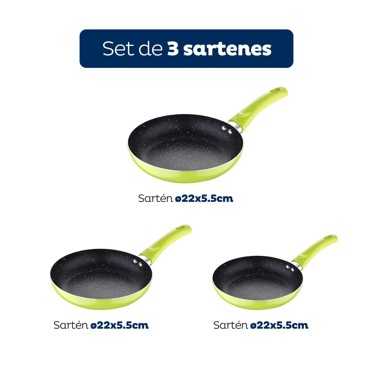 Set de 3 Sartenes San Ignacio Molen Ø20/24/28 cm - Aluminio Prensado, Antiadherente, Verde