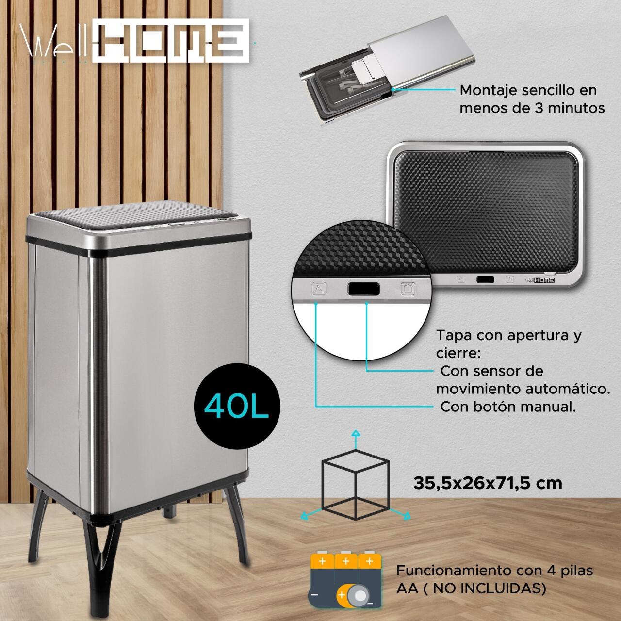 Cubo de Basura Inteligente con Apertura Automática - Well Home, Acero Inoxidable, Varias Capacidades y Colores